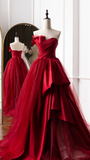 Fashion Tulle Satin Long Evening Dress Red Prom Dress HZ1023