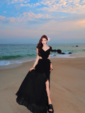 Black A Line V Neck Ruffle Chiffon Long Prom Dress Vacation Dress HZ1023