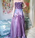 Vintage Purple A Line Strapless Flower Beaded Sequin Satin Tulle Prom Dress Gown HZ1023