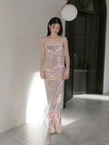 Shiny Pink Sheath Straps Rhinestone Sequin Prom Dress Evening Dress Party Dress HZ1023