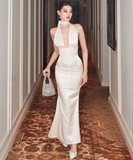 Mermaid Halter Sleeveless Satin Backless Prom Dress Evening Gown HZ1023