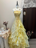 Vintage A Line Strapless Appliques Yellow Satin Organza Prom Dress Evening Dress HZ1023