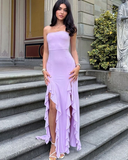 Lavender Chiffon Strapless Prom Dress With Side Slit HZ1023