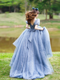 Cute V Neck Tulle Long Prom Dress, Blue Sweet 16 Formal Dress With Bow Knot HZ1023