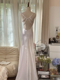 Classy Mermaid V Neck Beaded White Satin Long Open Back Party Dress Evening Dress HZ1023