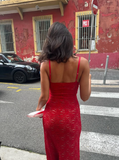 Red Sheath Spaghetti Straps Lace Long Prom Dress Evening Dress HZ1023