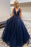 Dark Blue V Neck Lace Beaded Long Formal Prom Dresses HZ1023