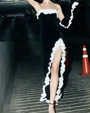 Vintage Strapless Black Slit Prom Dresses With Gloves HZ1023