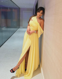 Elegant A Line Off the Shoulder Yellow Chiffon Long Prom Dress Birthday Dress with Slit HZ1023