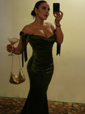 Elegant Mermaid Off the Shoulder Green Velvet Long Prom Dress Evening Dress HZ1023