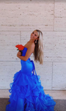 Fashion Strapless Blue Mermaid Layered Tulle Long Prom Dress HZ1023