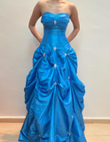 Princess A Line Sweetheart Neck Beaded Rhinestone Blue Satin Long Prom Dress Evening Dress HZ1023