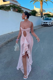 Sexy Light Pink Mermaid Spaghetti Strap Ruffle Tulle Prom Dress Evening Dress HZ1023