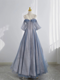 Blue Tulle Long Prom Dress A-Line Off The Shoulder Evening Party Dress HZ1023