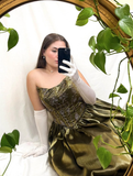 Vintage A Line Beads Olive Green Satin Long Prom Dress Evening Dress HZ1023