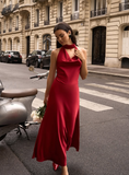 Sexy Burgundy A Line Halter Pearl Satin Open Back Prom Dress Party Dress Formal Dress HZ1023