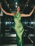 Charming A Line Halter Green Satin Long Open Back Prom Dress Evening Dress HZ1023