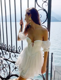 Classy White A Line Puff Layered Chiffon Short Homecoming Dress Vacation Dress HZ1023
