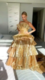 Luxurious Gold Strapless Pleated Irregular Neck Layered Prom Dress Ball Gown Quincea?era Party Dress HZ1023