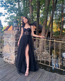 Elegant Black Sweatheart Neck Slit Long Prom Dress Lace Tulle Evening Dress HZ1023