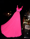 Charming A Line Spaghetti Strap Pink Beaded Satin Chiffon Long Prom Dress Party Dress HZ1023