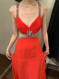 Vintage A Line Spaghetti Strap Red Beaded Sequin Chiffon Long Open Back Prom Dress Evening Dress HZ1023