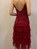 Burgundy Vintage A Line Spaghetti Strap Tiered Beaded Chiffon Evening Dress HZ1023
