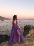 Deep V Neck Purple Tulle Fantasy Long Prom Dress HZ1023