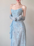 Blue Mermaid Strapless Pleated Blue Lace Long Party Dress Evening Dress HZ1023