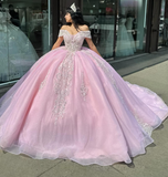 Pink Off the Shoulder Tulle Applique Long Prom Dress Quinceanera Dress Ball Gown HZ1023