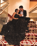 Sexy A Line Strapless Tiered Black Sequin Long Prom Dress Graduation Prom Dress with Slit HZ1023