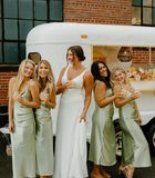 Simple Sheath Spaghetti Strap Sage Green Satin Evening Dress Bridesmaid Dress HZ1023