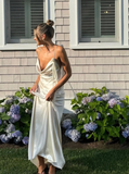 Simple Sheath Straps Ivory Satin Open Back Long Prom Dress Evening Dress HZ1023