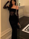 Sexy Bodycon Velvet Lace Red Evening Party Dress Spaghetti Straps Mermaid Prom Dress HZ1023