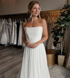 Simple A Line Strapless Corset White Chiffon Long Sweep Wedding Dress with Slit HZ1023