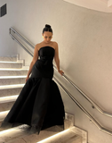 Unique Mermaid Strapless Black Tulle Satin Long Prom Dress Evening Dress with Bow HZ1023