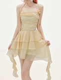 Flowy A Line Halter Layered Yellow Chiffon Open Back Short Homecoming Dress Cocktail Dress HZ1023