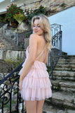 Cute A Line V Neck Light Pink Tiered Tulle Short Birthday Dress Homecoming Dress HZ1023