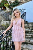 Cute A Line V Neck Light Pink Tiered Tulle Short Birthday Dress Homecoming Dress HZ1023