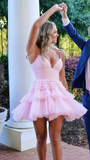 Light Pink Spaghetti Straps Tiered Tulle Homecoming Dress Mini Party Gown HZ1023