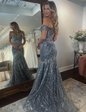 Stunning Mermaid Off the Shoulder Sequin Grey Tulle Long Prom Dress Evening Dress HZ1023