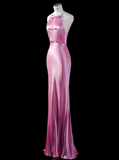 Cute Mermaid Halter Bow Pink Satin Open Back Prom Dress Graduation Prom Dress HZ1023