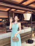Gentle Baby Blue A Line Halter Beaded Chiffon Open Back Evening Dress Party Dress HZ1023