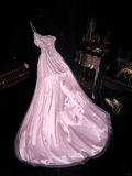 Gentle A Line One Shoulder Beaded Sequin Pink Tulle Satin Prom Dress Party Dress HZ1023