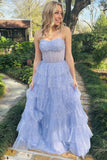 Lavender Tulle Sequin Ruffle Tiered Long Prom Dress Evening Dress HZ1023
