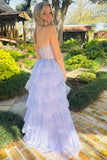 Lavender Tulle Sequin Ruffle Tiered Long Prom Dress Evening Dress HZ1023