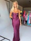 Grape Purple Spaghetti Strap Sequin Satin Open Back Prom Dress Party Dress HZ1023
