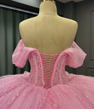 Charming Ball Gown Off-The-Shoulder Appliques Pink Tulle Sweet 16 Dress, Quinceanera Dress HZ1023