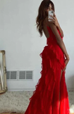 Red Ruffles Long Formal Dress Elegant Evening Dress HZ1023