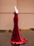 Burgundy Mermaid Straps Beaded Velvet Long Prom Dress Party Dress HZ1023